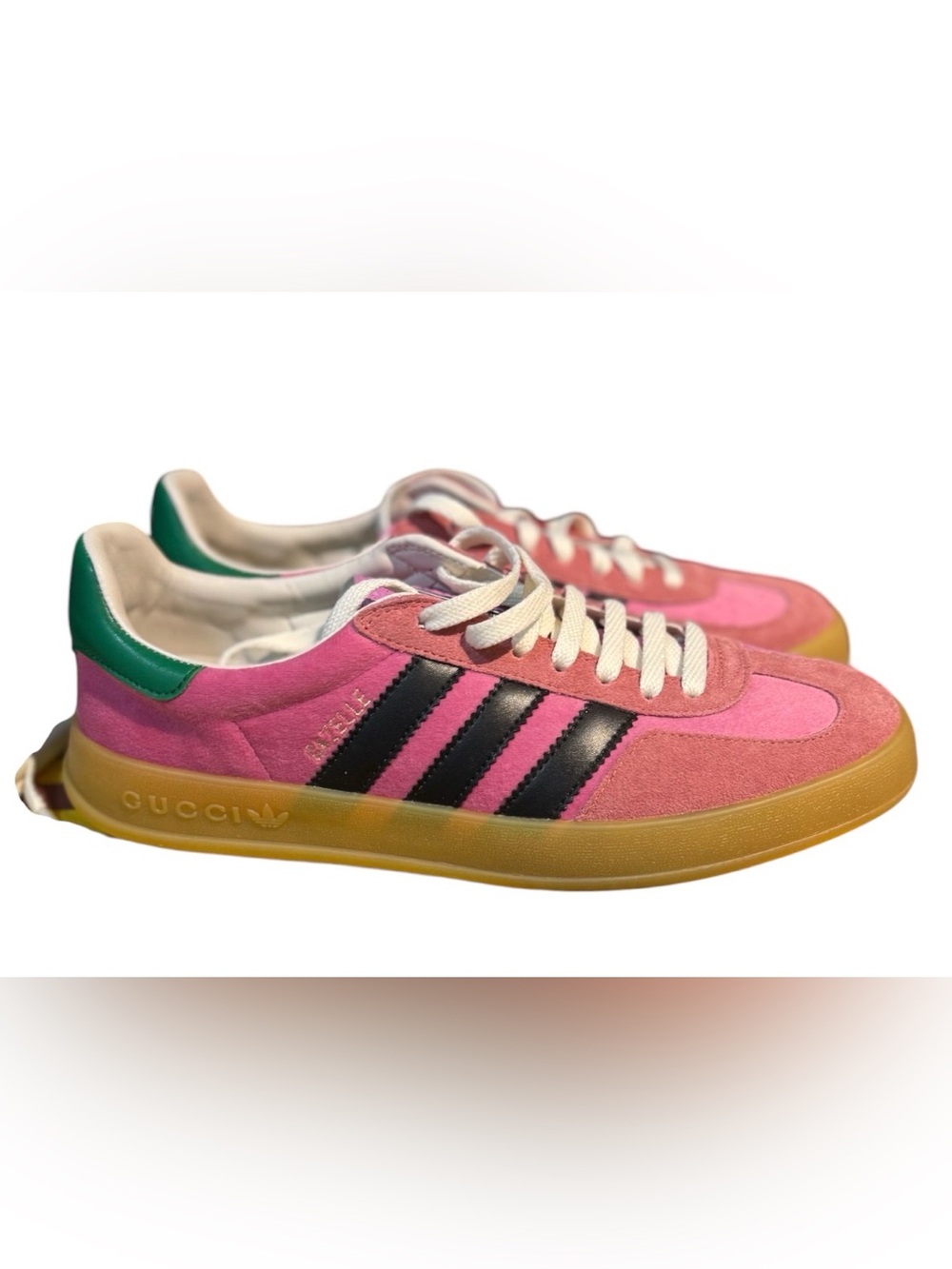 Gucci adidas Pink Gazelles with Navy Stripes